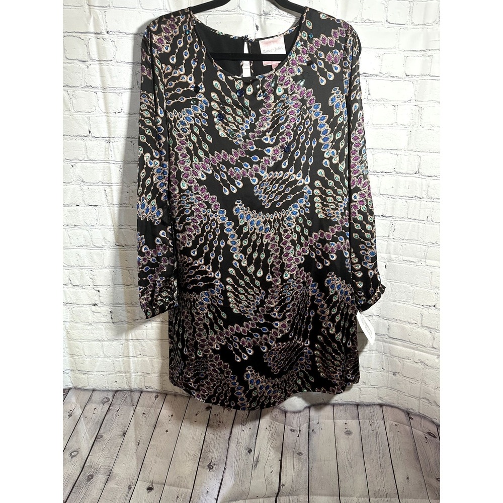 Romeo & Juliet Couture Peacock Jewel Print Shift Dress Black Purple Large NEW